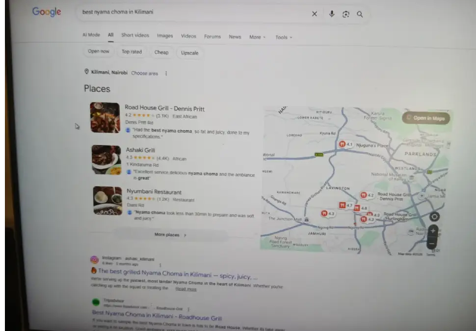 Google Maps showing local businesses in Nairobi