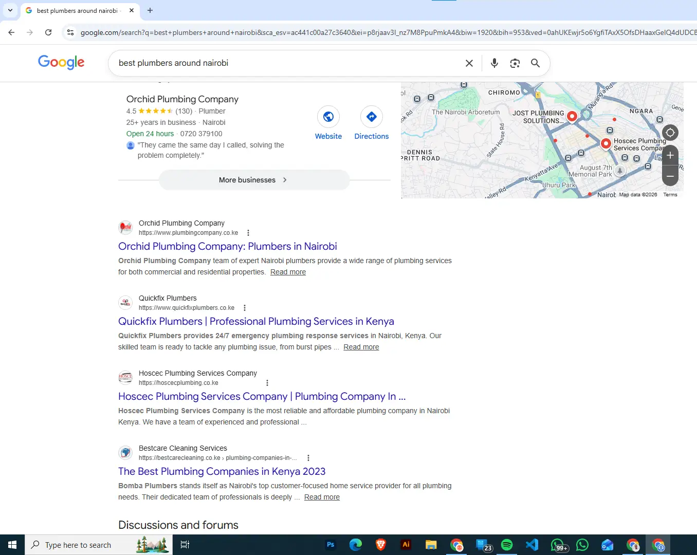 Google search results for best plumber in Nairobi showing local businesses with websites